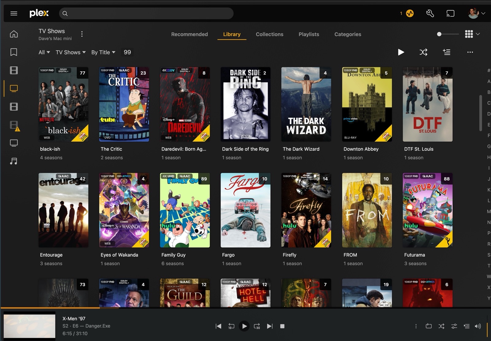 Plex media library on the Mac mini — TV shows grid under the Library view