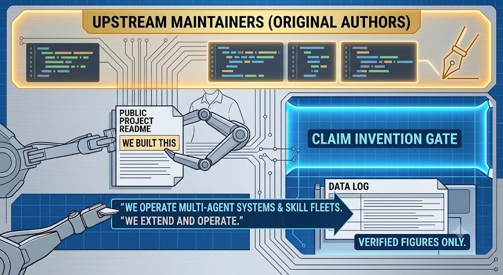 Upstream authors keep credit — operate and extend, don’t invent Robot arm rewriting a README from “we built this” to “we extend and operate,” blocked by a claim-invention gate tied to verified figures