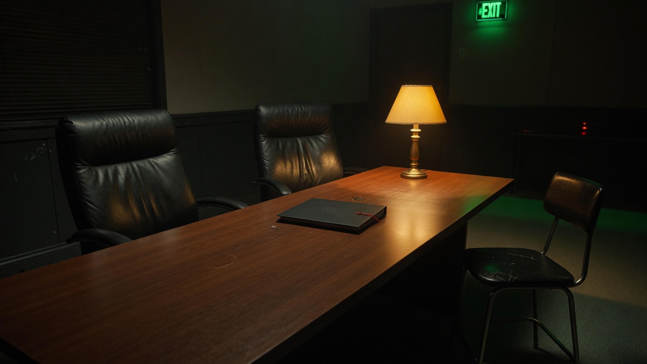 Two chairs across a closed folder; a third stool empty in the dark