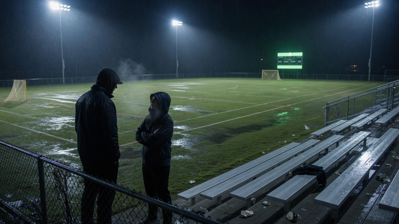 Night field after a game — two adult silhouettes at the edge of the lights. Tools do not own this conversation.
