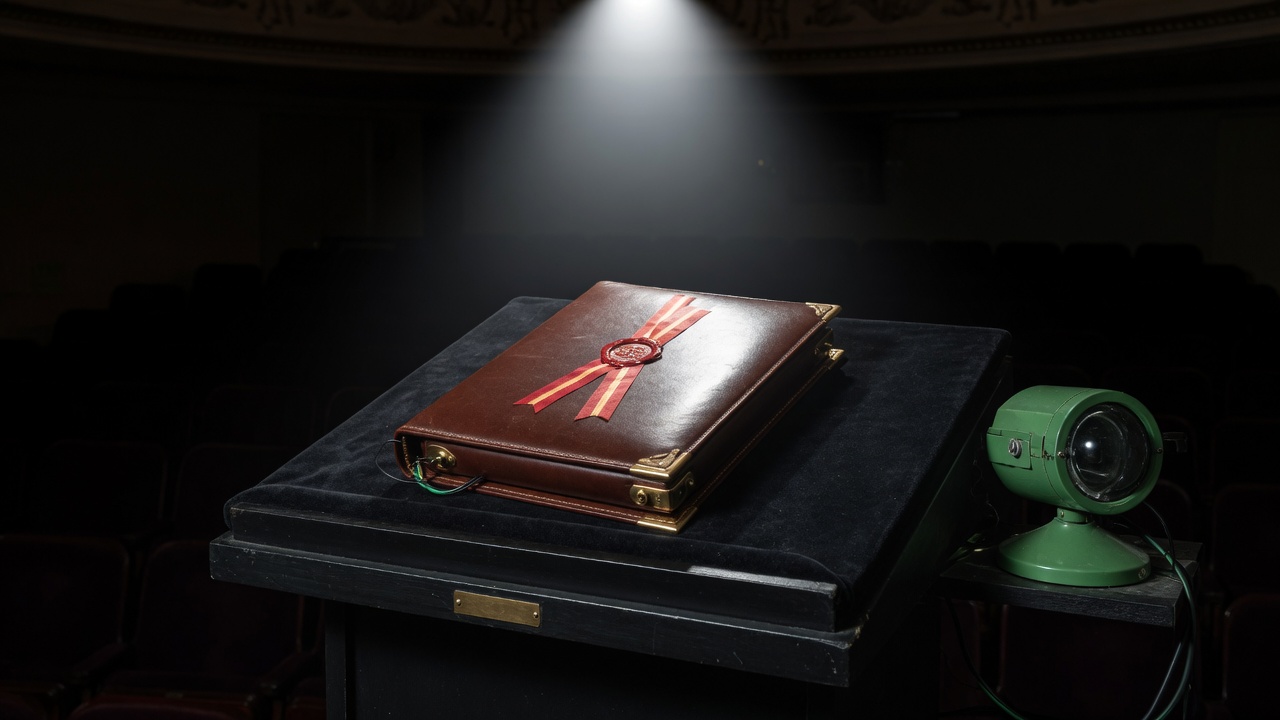A polished document case on a podium with demolition wiring just visible underneath