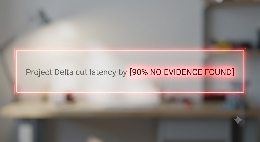 Unsupported metric: fail closed, do not invent a confident percentage Draft metric highlighted with a red “no evidence found” flag instead of a ship-ready number
