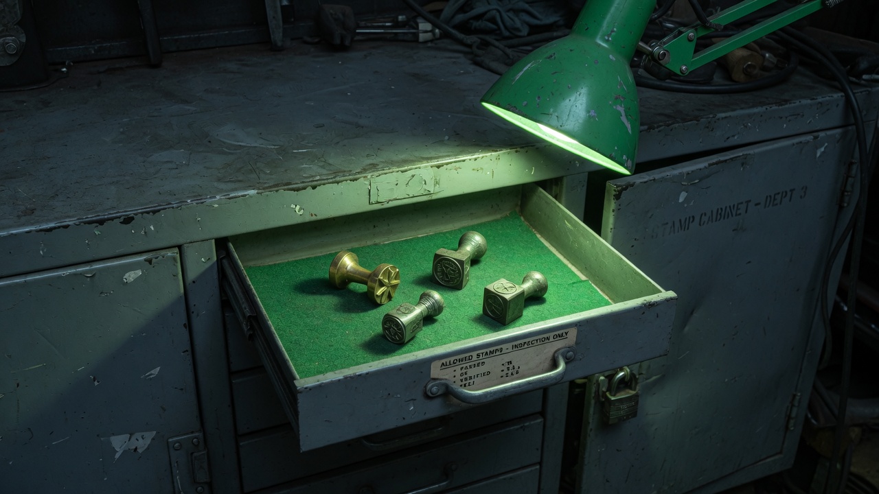 A nearly empty drawer of allowed inspection stamps — the short list is the point