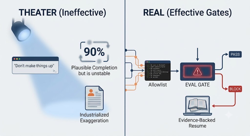 A prompt is not a gate — an allowlist that can block is Theater versus real gates: prompt-only “don’t invent” under a spotlight on the left; allowlist, eval gate, and evidence-backed resume path on the right