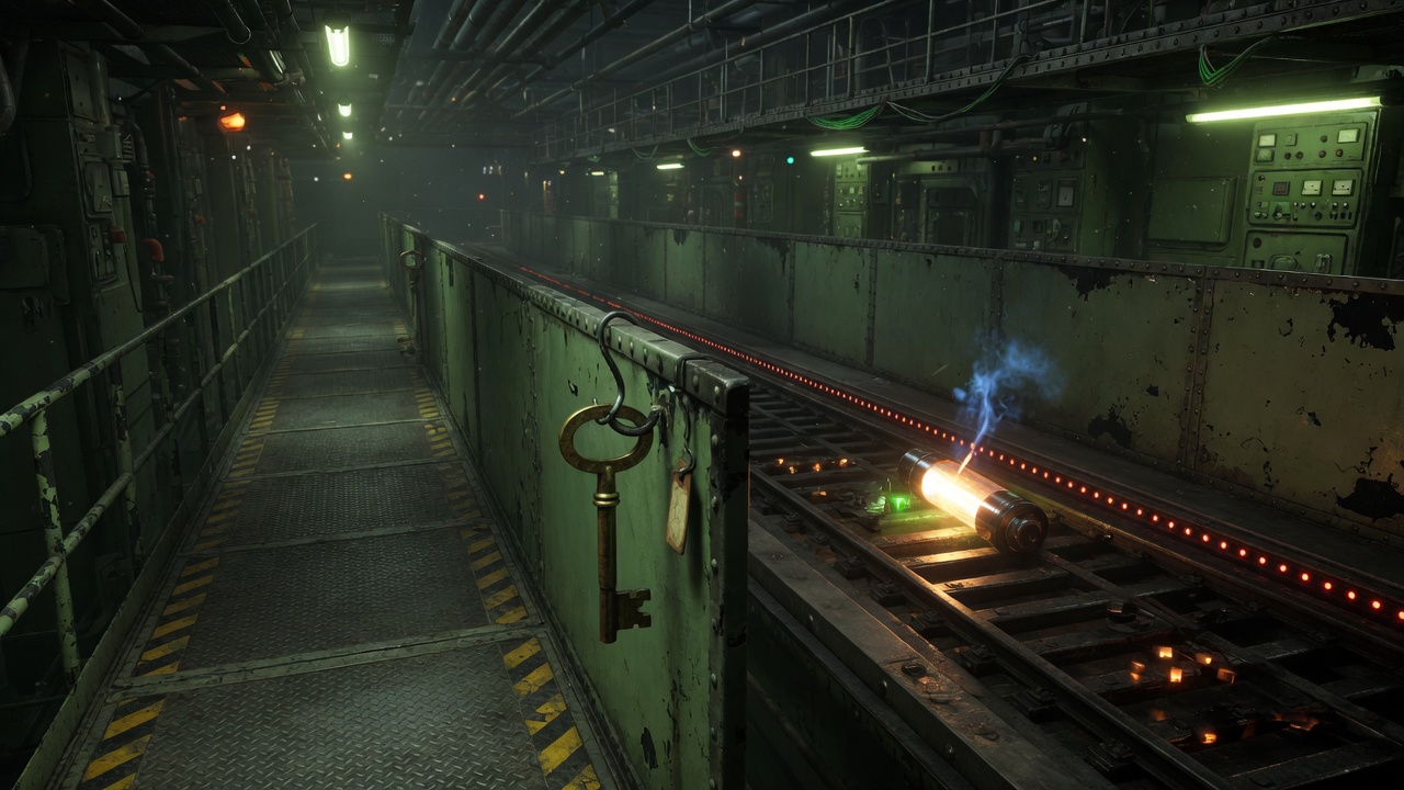 You open the pull request. The robot only merges after automatic tests. Two industrial lanes — a worn personal key on one track, a short-lived fuse on the other