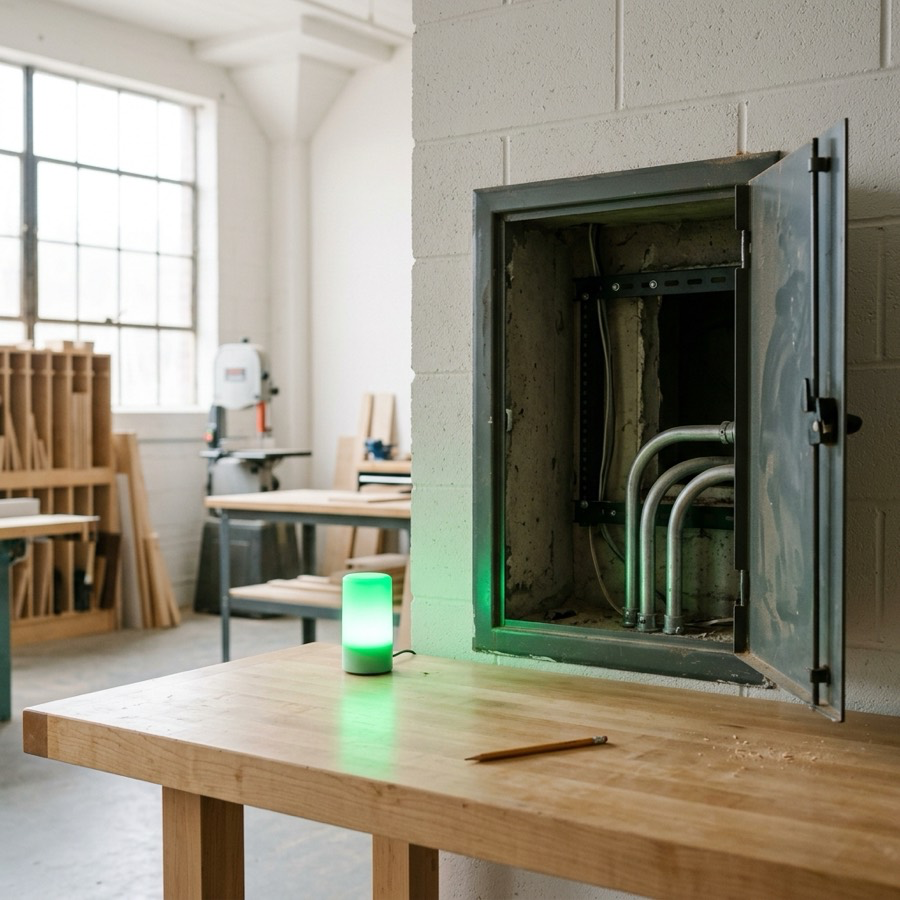 A bright green status panel beside an open LAN hatch the suite never checked