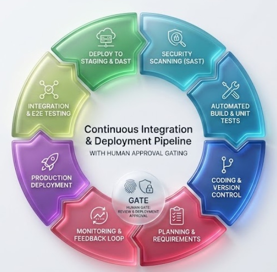 A circular CI/CD pipeline diagram — planning, coding, build, security scanning, staging, integration testing, and production deployment — with a human gate icon at the center labeled &ldquo;human gate: review & deployment approval&rdquo;