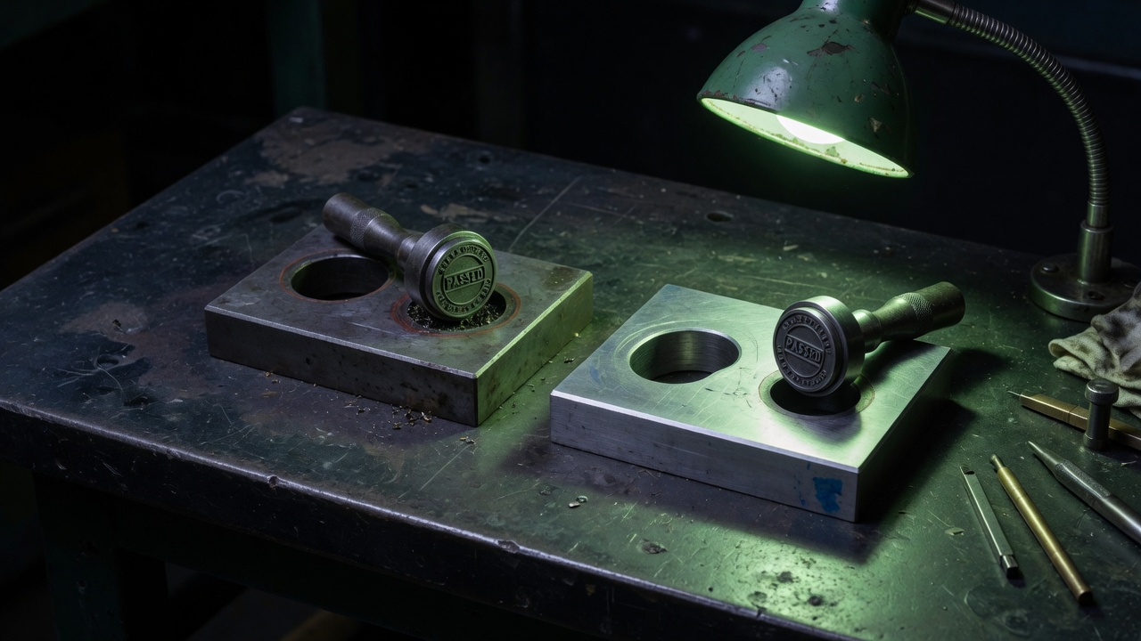 Two machined blocks on an inspection bench — the stamp that fits version A does not fit version B