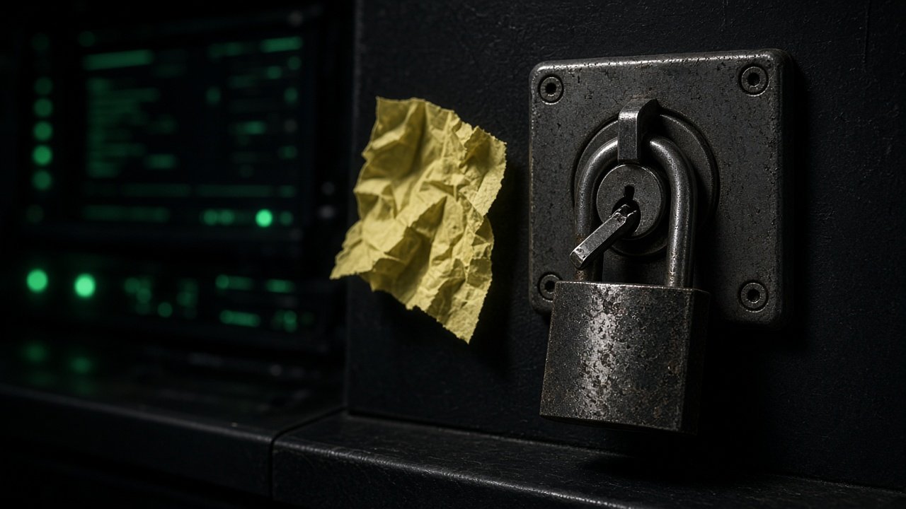 Crumpled sticky note beside a real keyed lock on a steel panel