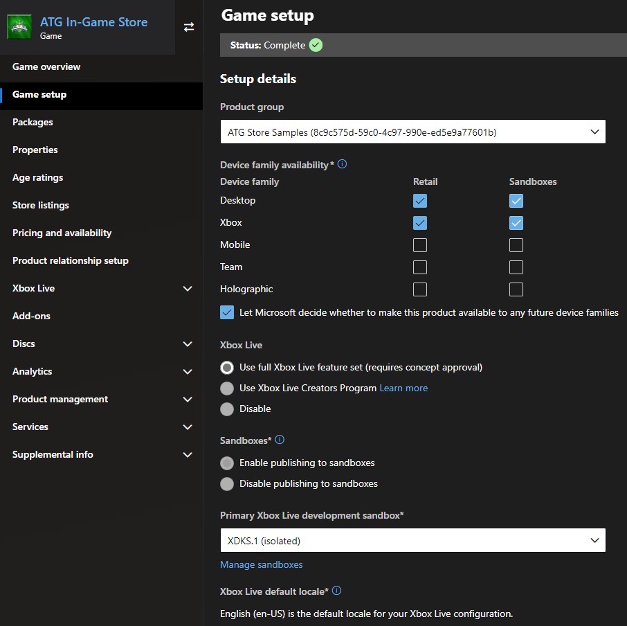 Publishing is a real surface: product setup, device families, sandboxes — not a vibes checklist Xbox Partner Center game setup — device family availability, Xbox Live options, and sandbox configuration for a store product